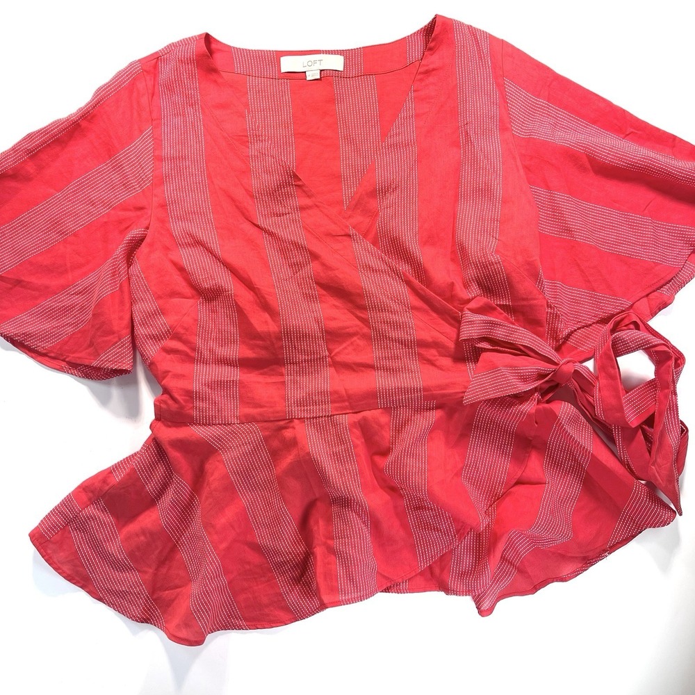 LOFT red Wrap Top Flare Sleeves Tie Waist Stitching Detail Medium